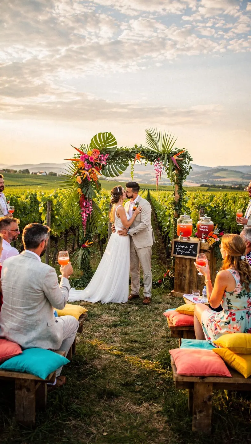 Ružový čaj guava s ovocnými kúskami a mätou na stole