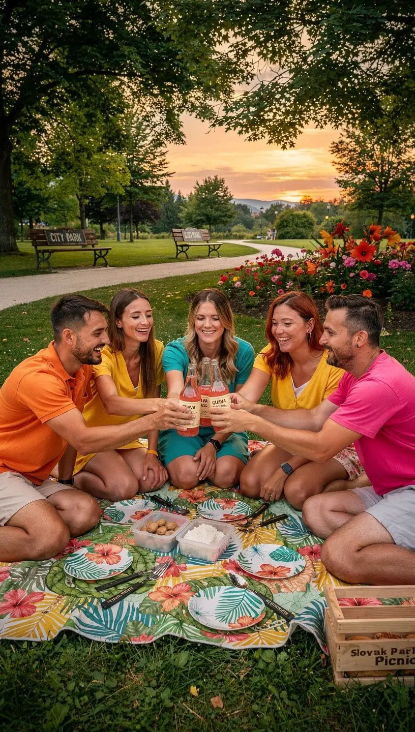 Ružové ovocie guavy s listami na slnečnej terase pri pláži.