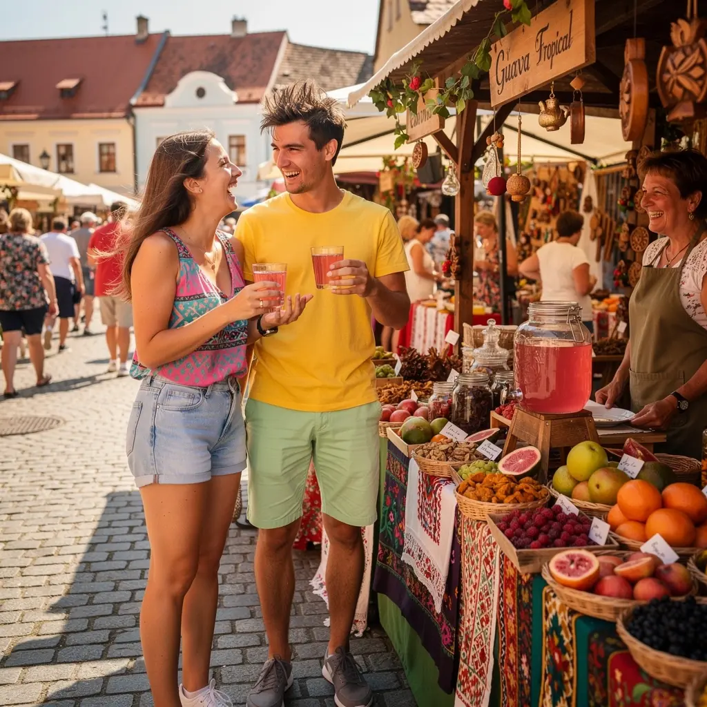 Záber na teplý čaj guava v bielej šálke s tropickými dekoráciami.