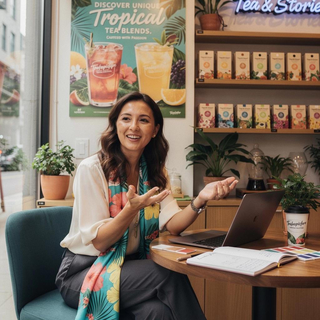 Rozkvitnuté kvety a ovocie okolo šálky tropického čaju